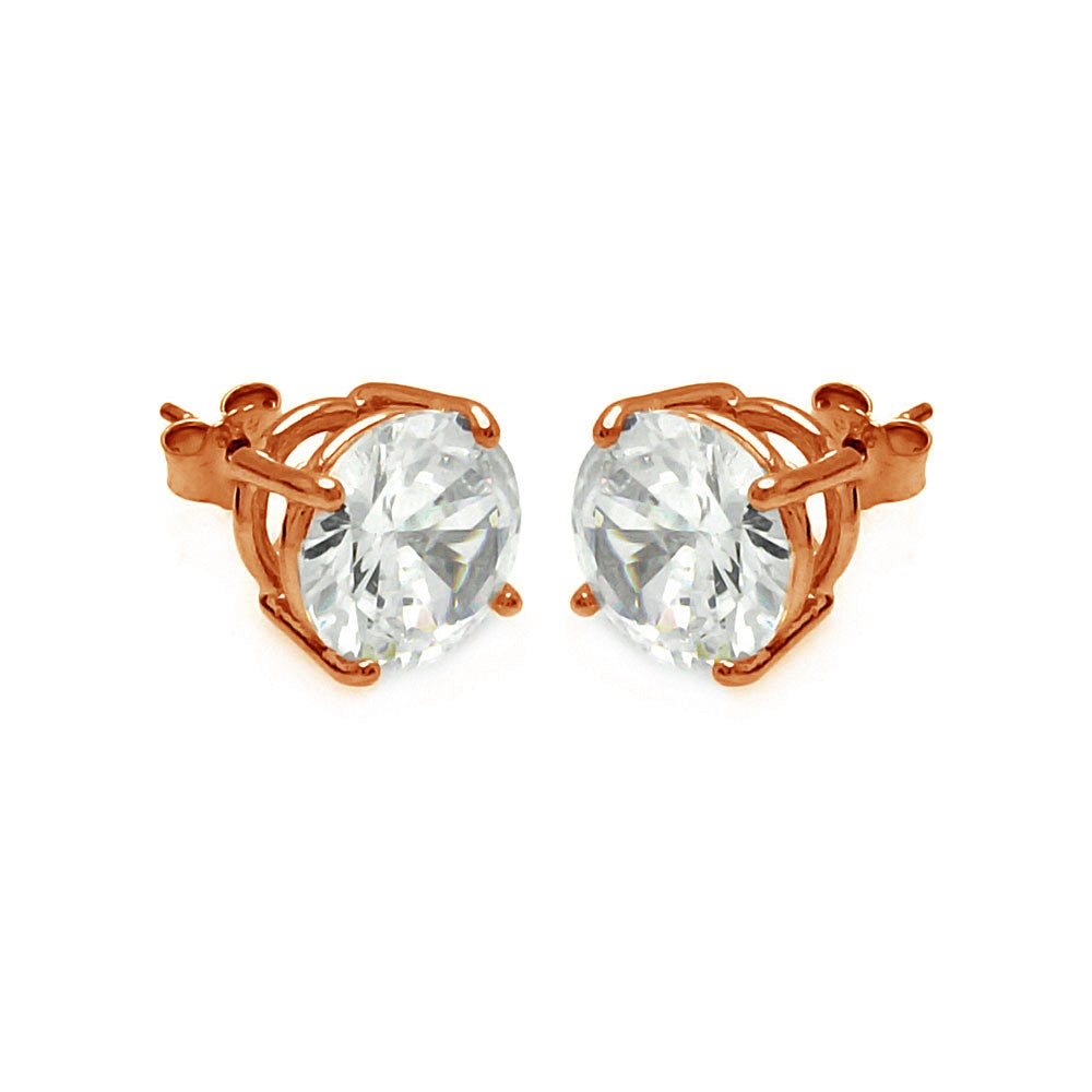 Sterling Silver Rose Gold Plated Round Clear CZ Stud Earrings
