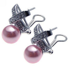 Load image into Gallery viewer, Sterling Silver Fancy Paved X Design with Pink Pearl Leverback Earring