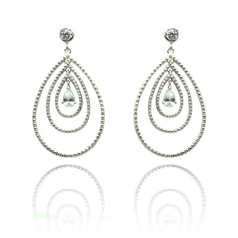 Sterling Silver Fancy Three Layered Graduated Beaded Teardrop Design with Centered Clear Cz Dangle Stud Earring