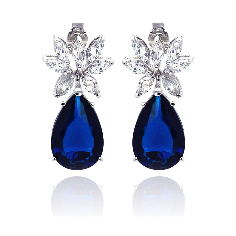 Sterling Silver  Nickel Free Rhodium Plated Blue Teardrop And Clear Marquise CZ Dangling Stud Earring