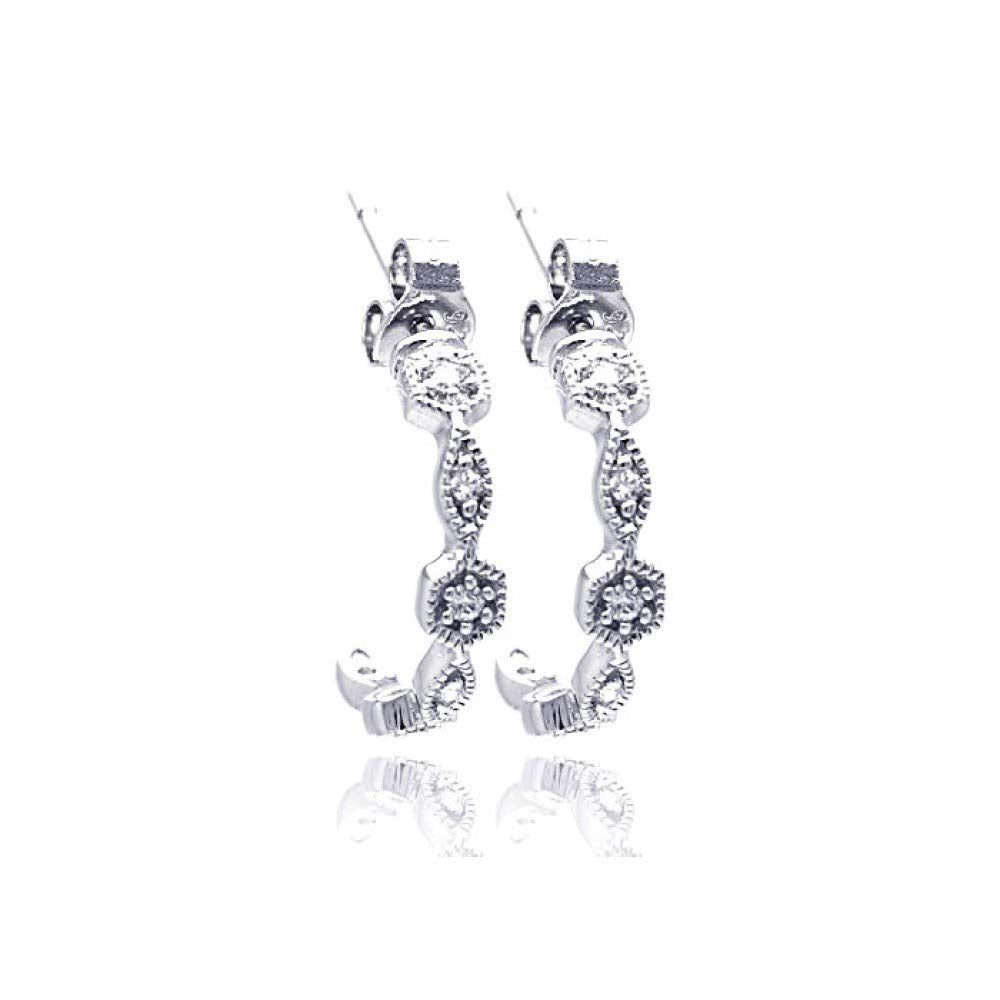 Sterling Silver Rhodium Plated Round Marquis Clear CZ Crescent Huggie Earrings