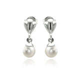 Sterling Silver Fancy Shell Design with Hanging White Pearl Dangle Stud EarringAnd Pearl Size of 5.4MM