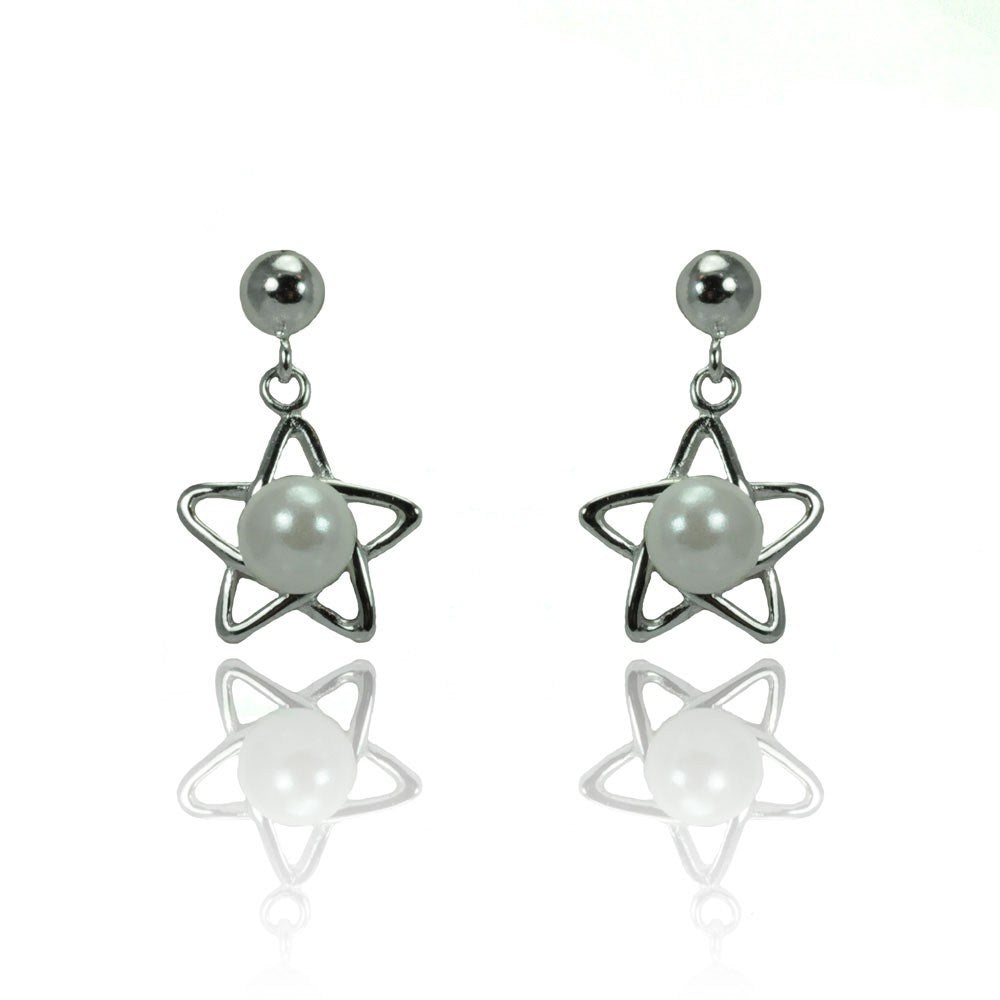 Sterling Silver Trendy Star Design with Centered White Pearl Drop Dangle Stud EarringAnd Earring Dimensions of 15MMx8MM