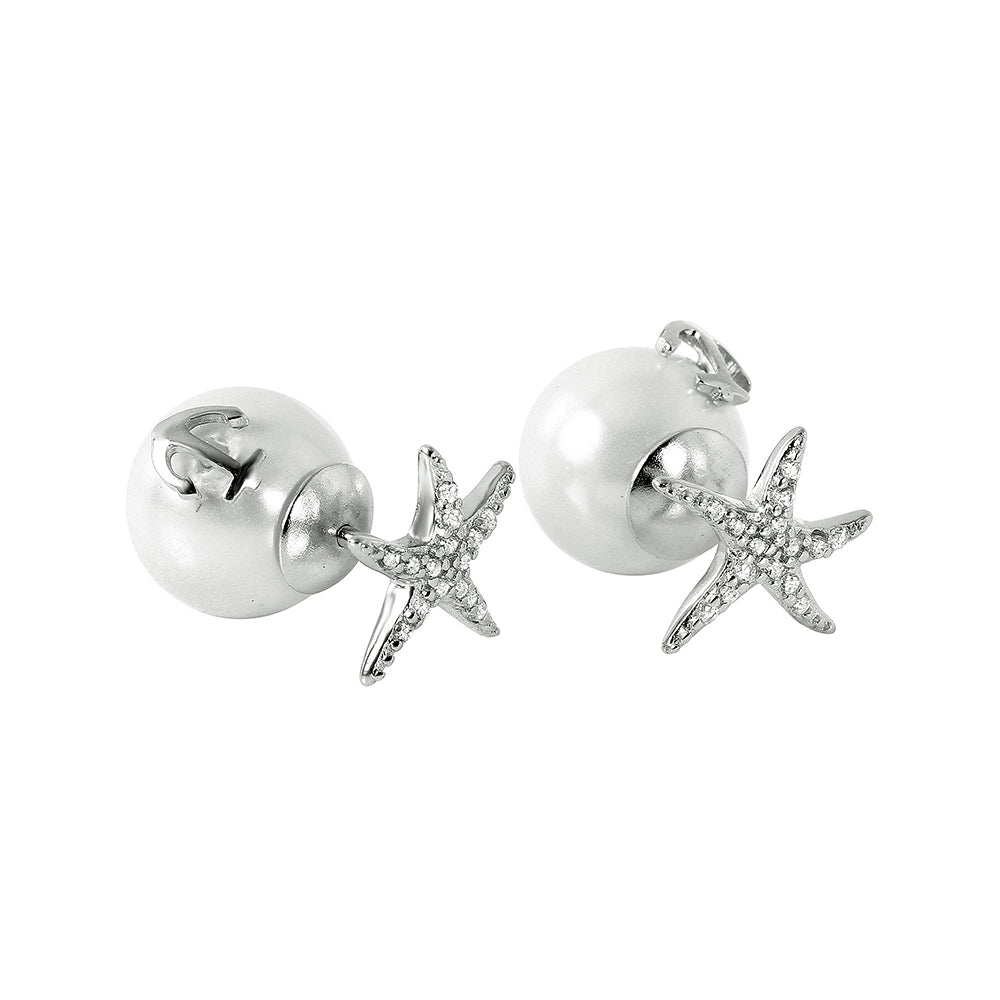 Sterling Silver Fancy Pave Starfish with White Pearl and Anchor Design Back Stud EarringAnd Earring Dimensions of 10MMx11MM