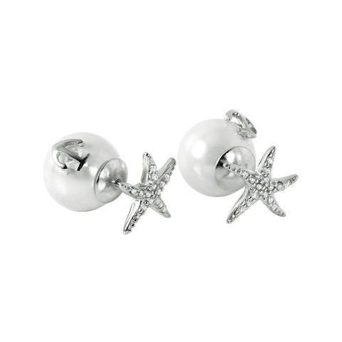 Sterling Silver Fancy Pave Starfish with White Pearl and Anchor Design Back Stud EarringAnd Earring Dimensions of 10MMx11MM
