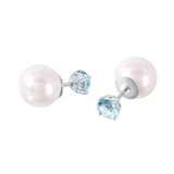 Sterling Silver Rhodium Plated Faux Pearl March Birthstone Stud Earrings with Aquamarine CZ