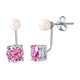 Sterling Silver Rhodium Plated Pearl Pink CZ Earring