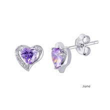 Load image into Gallery viewer, Sterling Silver Rhodium Plated Elegant Heart CZ Birth Earrings with Earring Dimensions of 7.9MMx8.6MM and Friction Back Post