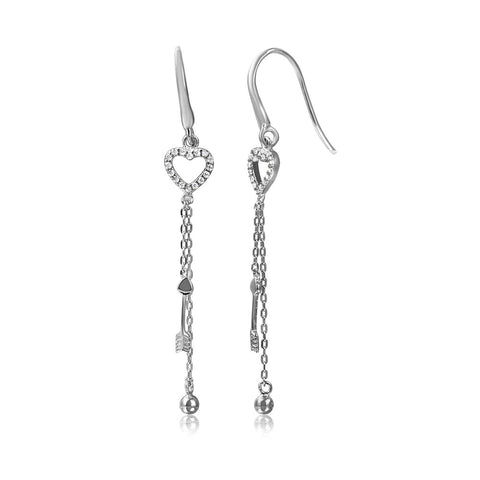 Sterling Silver Rhodium Plated CZ Paved Open Heart Earrings with Arrow and Ball Dangle