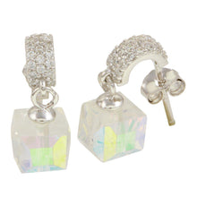 Load image into Gallery viewer, Sterling Silver Rhodium Plated Semi Huggie Earrings With Dangling Cube