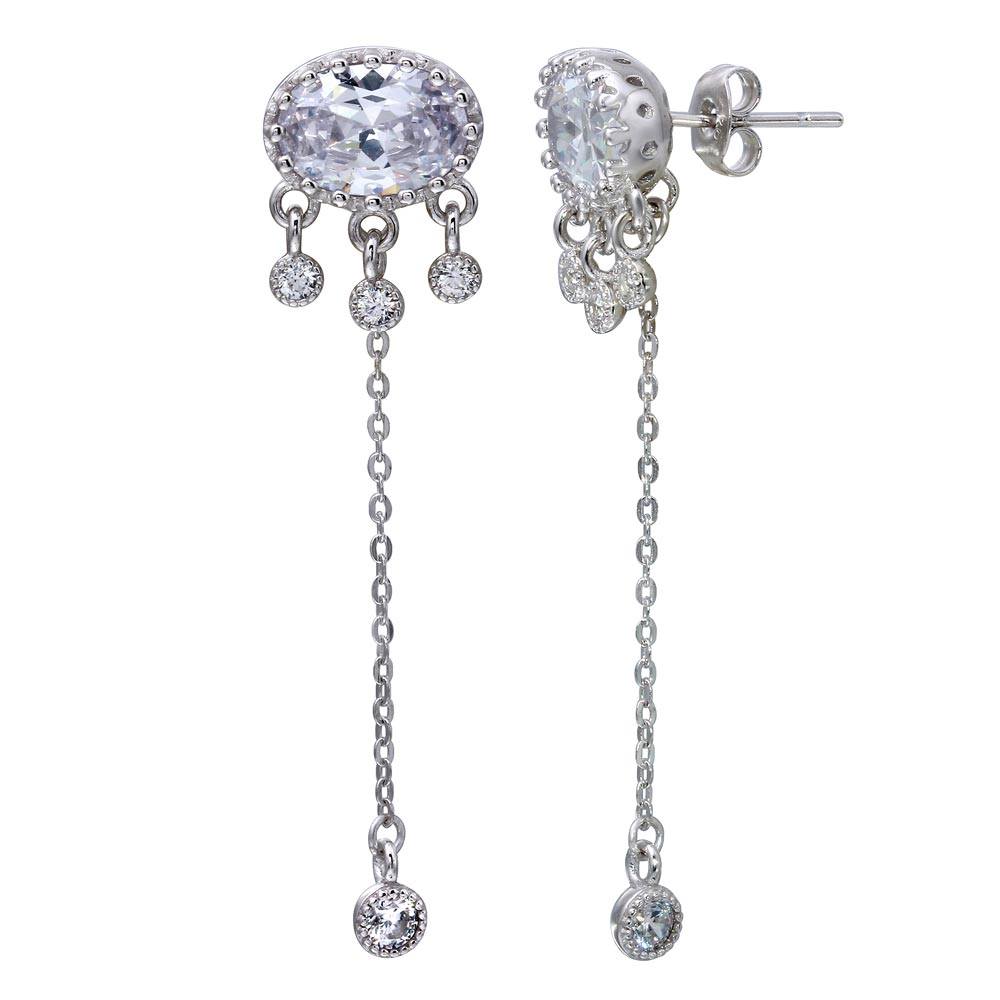 Sterling Silver Rhodium Plated One Chain Drop Earring With CZ Stones