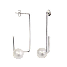 Load image into Gallery viewer, Sterling Silver Rhodium Plated Rectangular Dangling With Synthetic Pearl Earrings