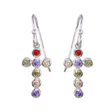Sterling Silver Rhodium Plated Cross Earrings With Multi Colored CZ