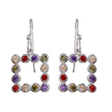 Sterling Silver Rhodium Plated Open Square Earrings With Multi Colored CZ
