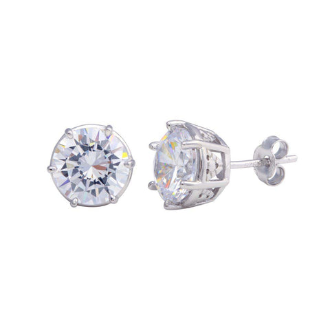 Sterling Silver Rhodium Plated Crown Setting CZ Stud Earrings