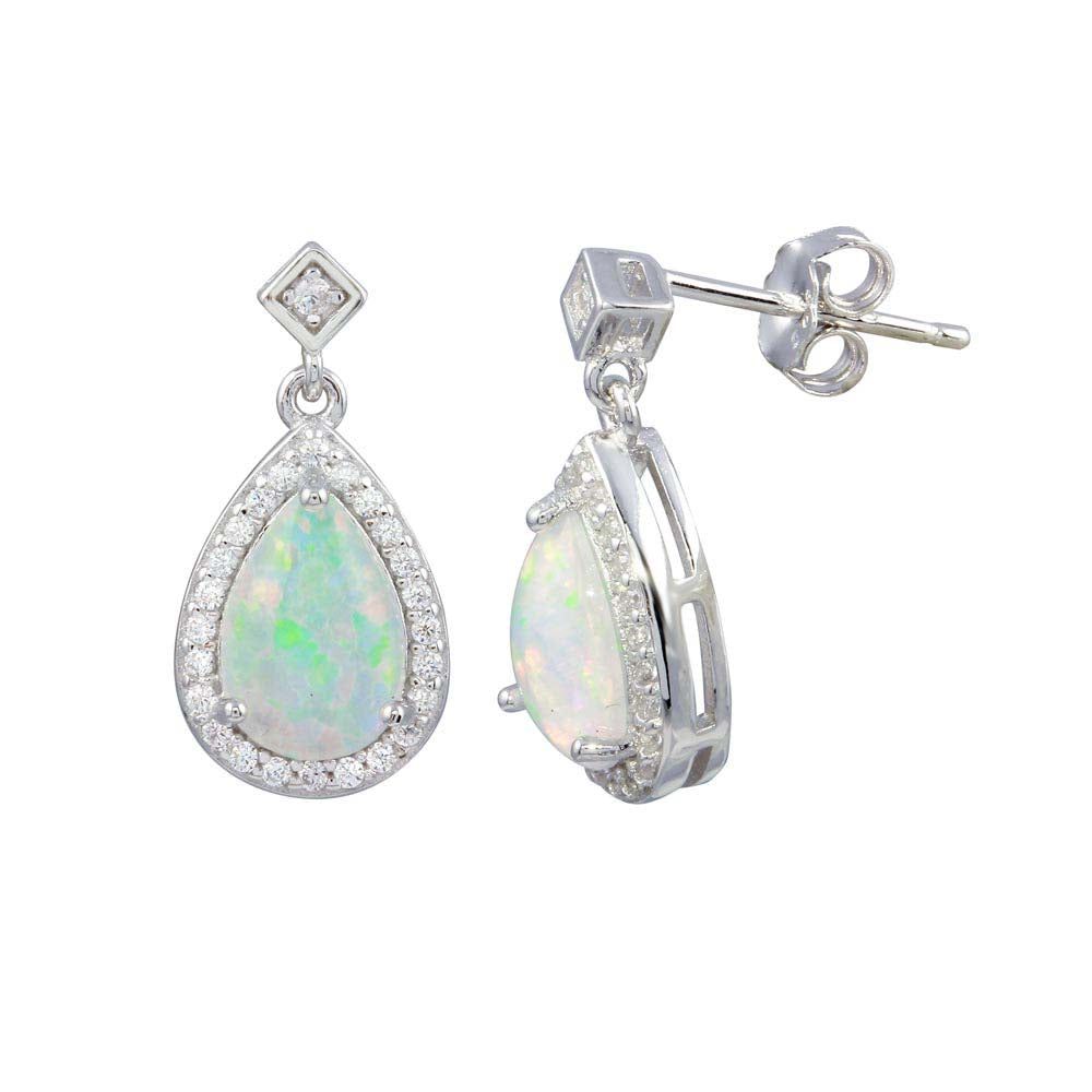 Sterling Silver Rhodium Plated Teardrop Synthetic Opal With CZ Earrings