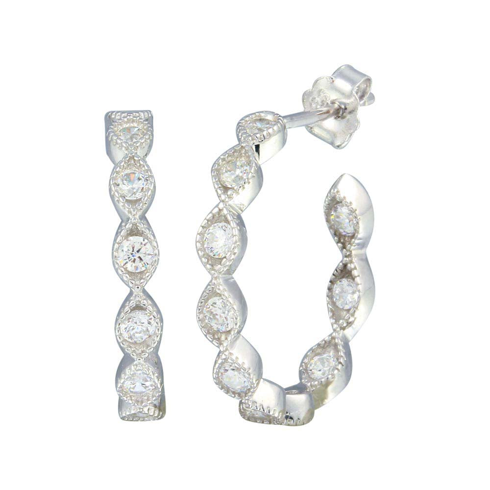 Sterling Silver Rhodium Plated CZ Semi Hoop Earrings