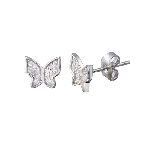 Sterling Silver Rhodium Plated Butterfly CZ Stud Earrings