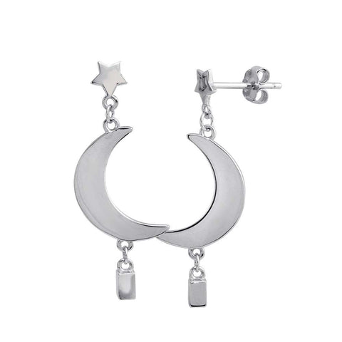 Sterling Silver Rhodium Plated Dangling Crescent Earrings