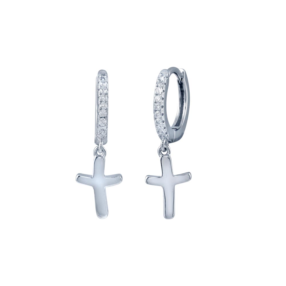 Sterling Silver Rhodium Plated Huggie Cross CZ Earrings