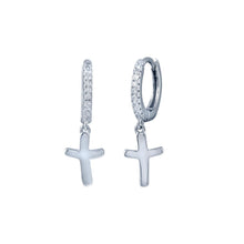 Load image into Gallery viewer, Sterling Silver Rhodium Plated Huggie Cross CZ Earrings