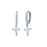 Sterling Silver Rhodium Plated Huggie Cross CZ Earrings