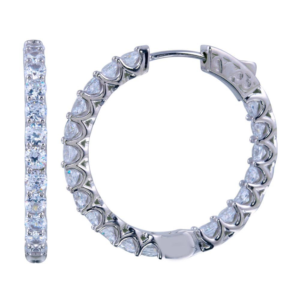 Sterling Silver Rhodium Plated Inside Out CZ Hoop Vault Lock Earrings