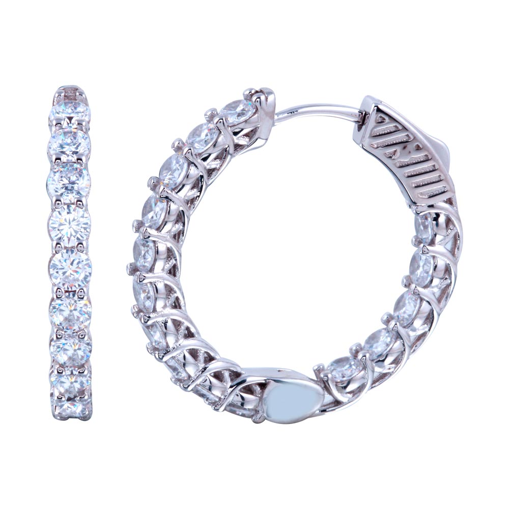 Sterling Silver Rhodium Plated Inside Out CZ Hoop Vault Lock Earrings