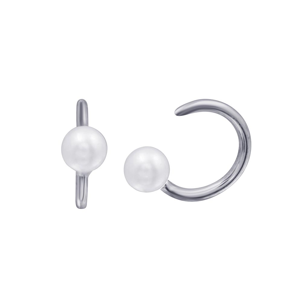 Sterling Silver Rhodium Plated Pearl Semi-Hoop CZ Earrings