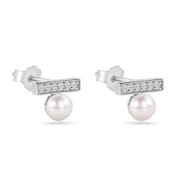 Sterling Silver Rhodium Plated CZ Bar with Pearl Earrings