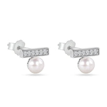 Load image into Gallery viewer, Sterling Silver Rhodium Plated CZ Bar with Pearl Earrings
