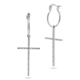 Sterling Silver Rhodium Plated Cross CZ Dangling Hoop Earrings