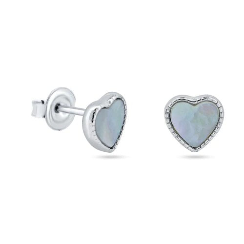 Sterling Silver Rhodium Plated MOP Heart Stud Earrings