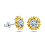 Sterling Silver Rhodium Plated Two Toned Sunflower CZ Stud Earrings