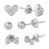 Sterling Silver Rhodium Plated Plain Bead CZ Heart And CZ Bowtie Stud Set