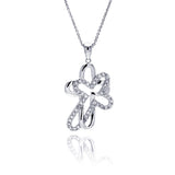 Sterling Silver Clear CZ Rhodium Plated Double Cross Pendant Necklace