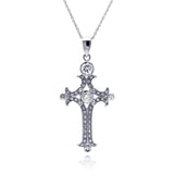 Sterling Silver Clear CZ Rhodium Plated Fancy Cross Pendant Necklace