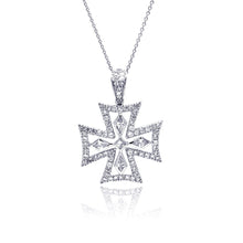 Load image into Gallery viewer, Sterling Silver Clear CZ Rhodium Plated Fancy Cross Pendant Necklace
