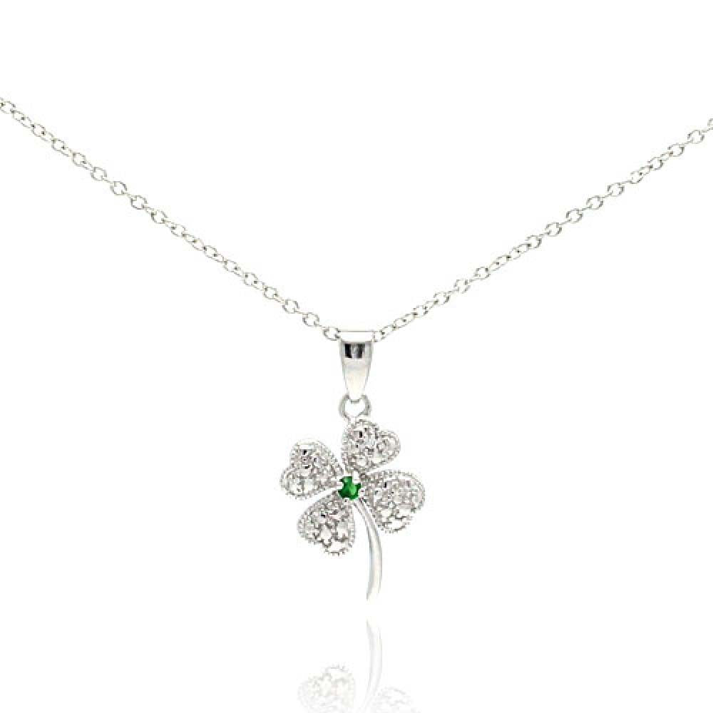 Sterling Silver Necklace with Small Paved Clover Flower with Centered Green Cz Pendant