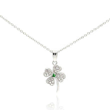 Load image into Gallery viewer, Sterling Silver Necklace with Small Paved Clover Flower with Centered Green Cz Pendant