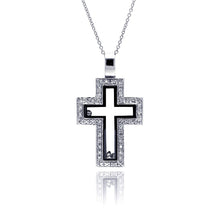 Load image into Gallery viewer, Sterling Silver Clear Black CZ Rhodium Plated Cutout Cross Pendant Necklace