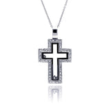 Sterling Silver Clear Black CZ Rhodium Plated Cutout Cross Pendant Necklace