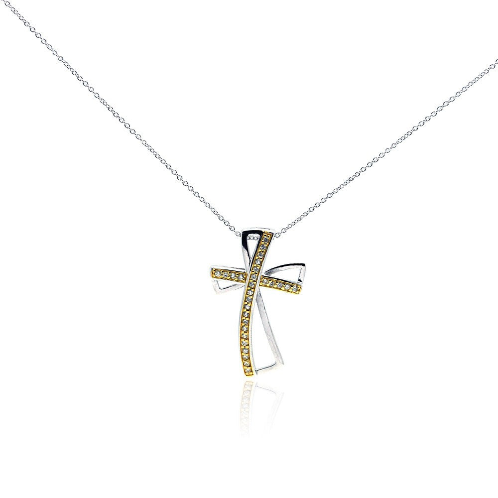 Sterling Silver Clear CZ Rhodium Plated Gold Plated Cross Pendant
