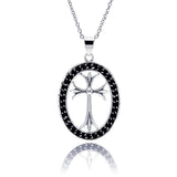 Sterling Silver Rhodium and Black Rhodium Plated Black CZ Oval Border Cross Pendant Necklace