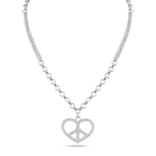 Sterling Silver Rhodium Plated Double Chain Heart Peace Clear CZ Necklace