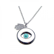 Load image into Gallery viewer, Sterling Silver Necklace with High Polished Round Evil Eye with Paved Czs Hamsa Pendant
