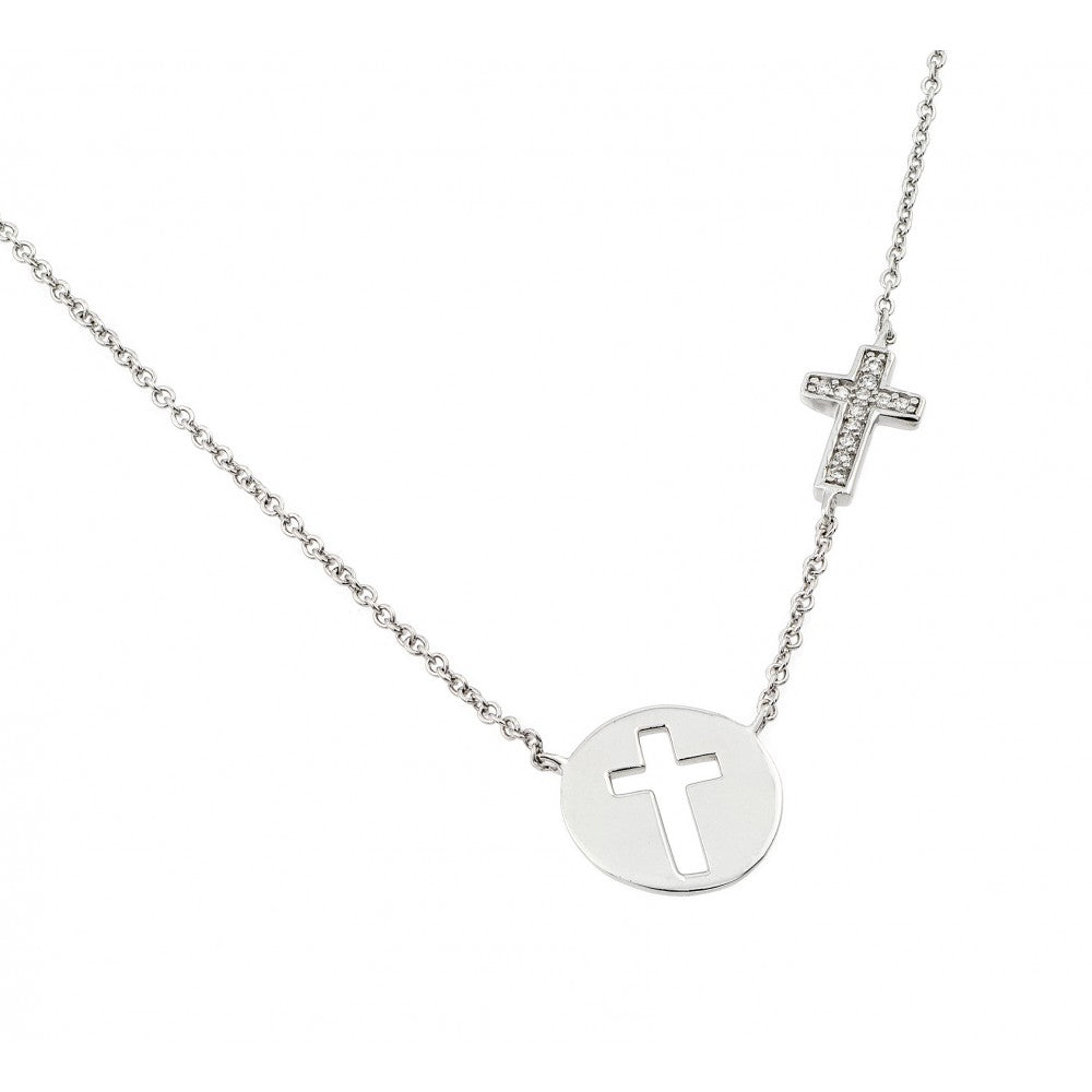 Sterling Silver Rhodium Plated Clear CZ Cross Cutout Pendant Necklace, 16 inches plus 2" Extension