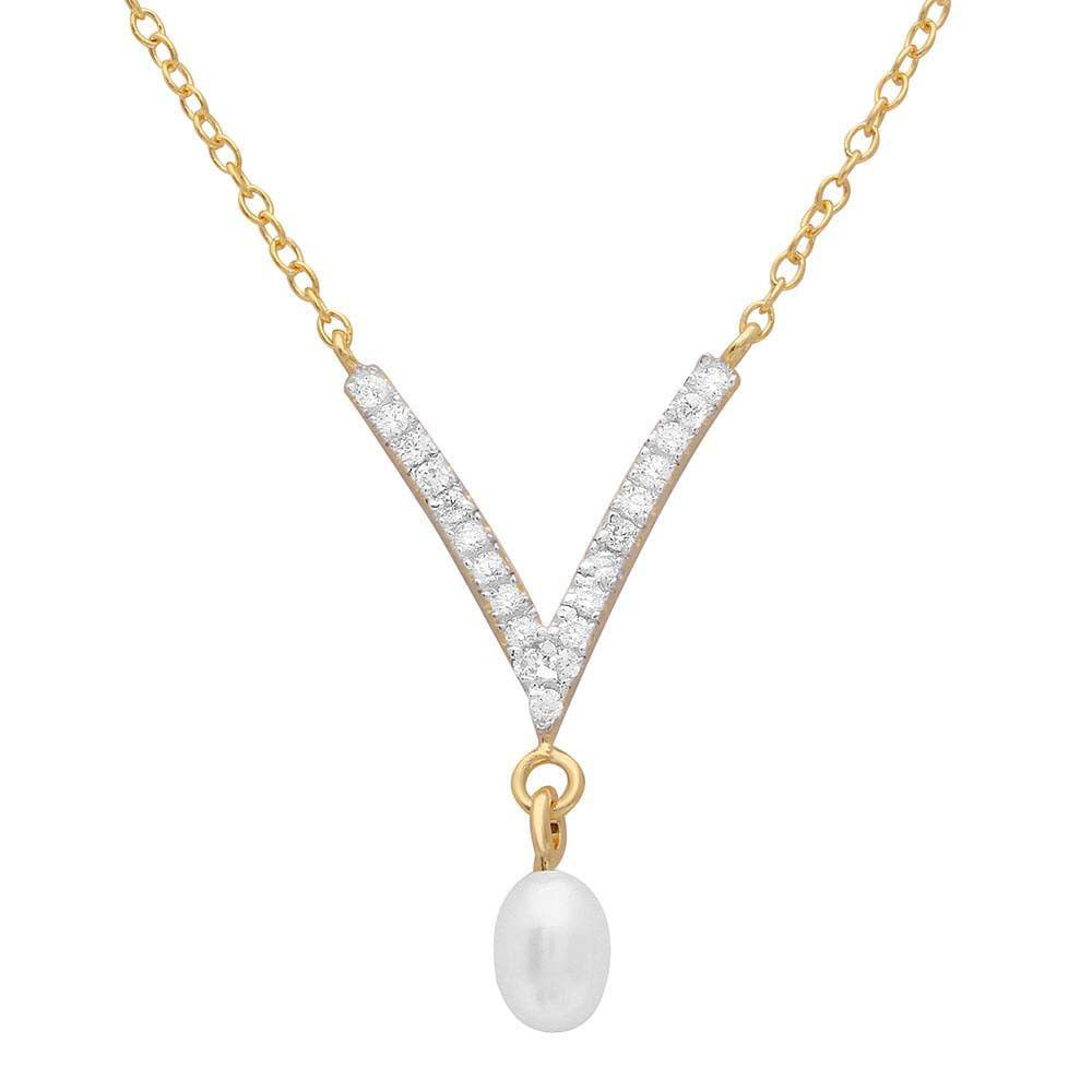 Sterling Silver Gold Plated V Shape CZ Necklace With Hanging Fresh Water Pearl