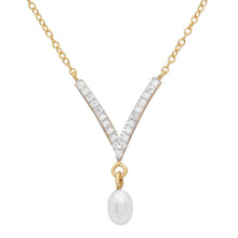 Load image into Gallery viewer, Sterling Silver Gold Plated V Shape CZ Necklace With Hanging Fresh Water Pearl