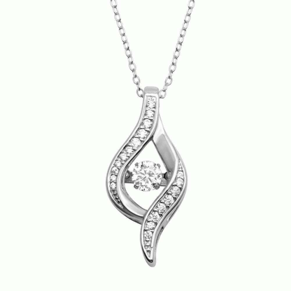 Sterling Silver Rhodium Wave Design Necklace With Dancing Center CZ